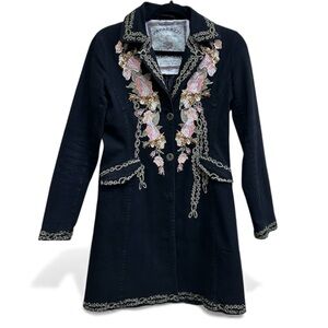 Paparazzi Butterfly Black Tailored Coat with Floral Embroidery     Medium